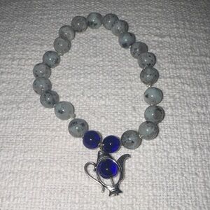 Blue and Silver Beaded Bracelet w/Teapot Charm
